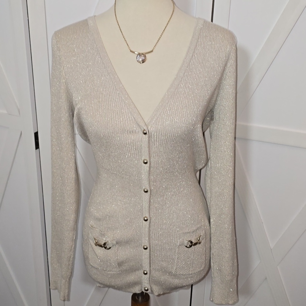 WHBM Gold Shimmer Boyfriend Cardigan